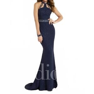 NEW STUDIO 17 glitter halter neck prom gown in navy